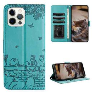 For iPhone 16 Pro Max Cat Embossing Pattern Leather Phone Case with Lanyard(Blue)