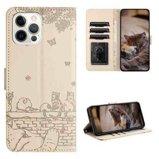 For iPhone 16 Pro Cat Embossing Pattern Leather Phone Case with Lanyard(Beige)