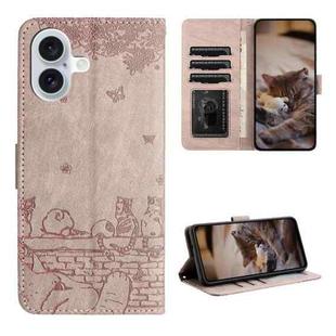 For iPhone 16 Plus Cat Embossing Pattern Leather Phone Case with Lanyard(Grey)