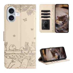 For iPhone 16 Plus Cat Embossing Pattern Leather Phone Case with Lanyard(Beige)