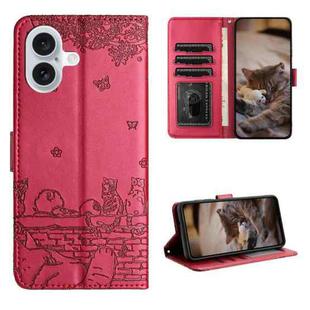 For iPhone 16 Cat Embossing Pattern Leather Phone Case with Lanyard(Red)