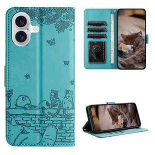 For iPhone 16 Cat Embossing Pattern Leather Phone Case with Lanyard(Blue)