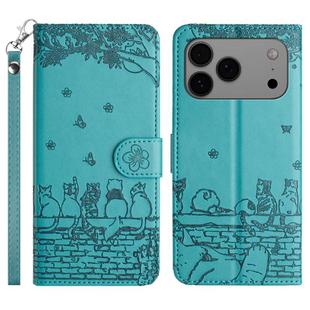 For iPhone 17 Pro Max Cat Embossing Pattern Leather Phone Case with Lanyard(Blue)