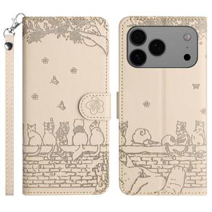 For iPhone 17 Pro Max Cat Embossing Pattern Leather Phone Case with Lanyard(Beige)
