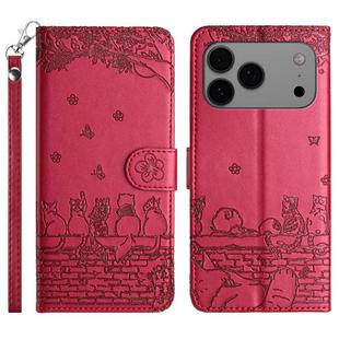 For iPhone 17 Pro Cat Embossing Pattern Leather Phone Case with Lanyard(Red)