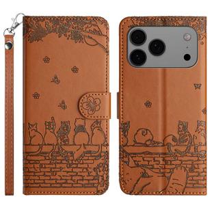 For iPhone 17 Pro Cat Embossing Pattern Leather Phone Case with Lanyard(Brown)