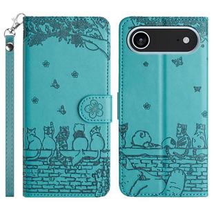 For iPhone 17 Air Cat Embossing Pattern Leather Phone Case with Lanyard(Blue)
