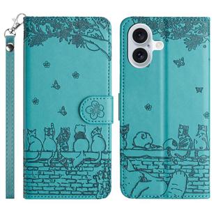 For iPhone 17 Cat Embossing Pattern Leather Phone Case with Lanyard(Blue)