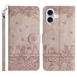 For iPhone 17 Cat Embossing Pattern Leather Phone Case with Lanyard(Grey)