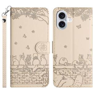 For iPhone 17 Cat Embossing Pattern Leather Phone Case with Lanyard(Beige)