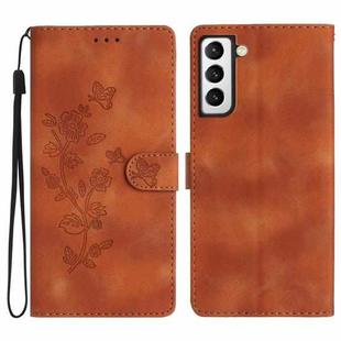 For Samsung Galaxy S22 5G Flower Butterfly Embossing Pattern Leather Phone Case(Brown)