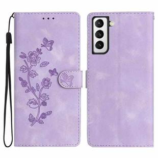 For Samsung Galaxy S22 5G Flower Butterfly Embossing Pattern Leather Phone Case(Purple)