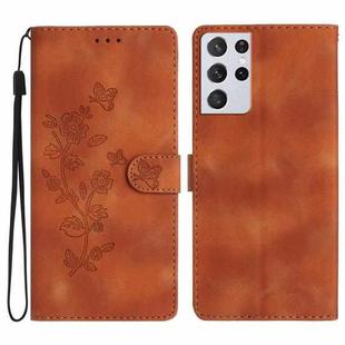 For Samsung Galaxy S21 Ultra 5G Flower Butterfly Embossing Pattern Leather Phone Case(Brown)