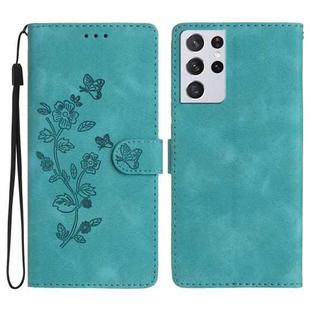 For Samsung Galaxy S21 Ultra 5G Flower Butterfly Embossing Pattern Leather Phone Case(Sky Blue)