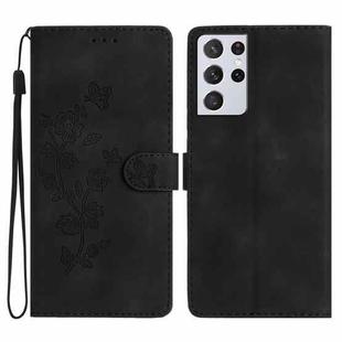 For Samsung Galaxy S21 Ultra 5G Flower Butterfly Embossing Pattern Leather Phone Case(Black)