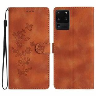 For Samsung Galaxy S20 Ultra Flower Butterfly Embossing Pattern Leather Phone Case(Brown)