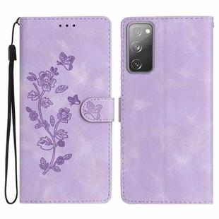 For Samsung Galaxy S20 FE Flower Butterfly Embossing Pattern Leather Phone Case(Purple)