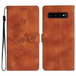 For Samsung Galaxy S10+ Flower Butterfly Embossing Pattern Leather Phone Case(Brown)