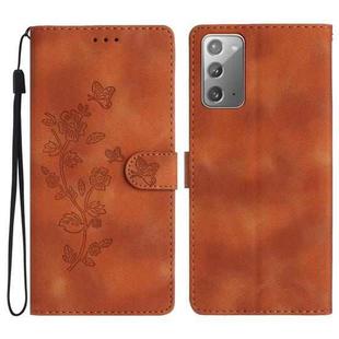 For Samsung Galaxy Note20 Flower Butterfly Embossing Pattern Leather Phone Case(Brown)