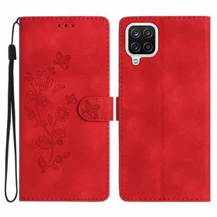 For Samsung Galaxy A12 Flower Butterfly Embossing Pattern Leather Phone Case(Red)