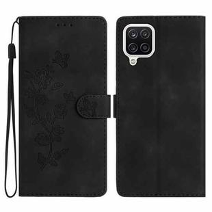 For Samsung Galaxy A12 Flower Butterfly Embossing Pattern Leather Phone Case(Black)