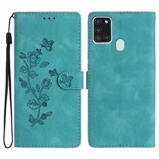 For Samsung Galaxy A21s Flower Butterfly Embossing Pattern Leather Phone Case(Sky Blue)