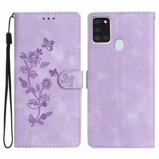 For Samsung Galaxy A21s Flower Butterfly Embossing Pattern Leather Phone Case(Purple)