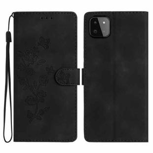 For Samsung Galaxy A22 5G Flower Butterfly Embossing Pattern Leather Phone Case(Black)