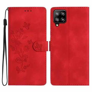 For Samsung Galaxy M32 Flower Butterfly Embossing Pattern Leather Phone Case(Red)