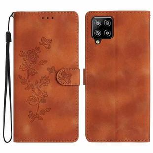 For Samsung Galaxy M32 Flower Butterfly Embossing Pattern Leather Phone Case(Brown)