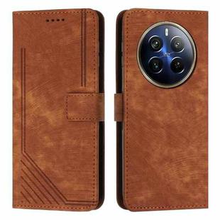 For Realme 12 Pro+ Skin Feel Stripe Pattern Leather Phone Case with Lanyard(Brown)