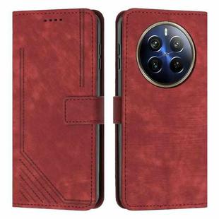 For Realme 12 Pro+ Skin Feel Stripe Pattern Leather Phone Case with Lanyard(Red)