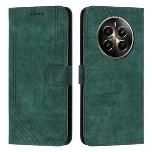For Realme 12+ Skin Feel Stripe Pattern Leather Phone Case with Lanyard(Green)