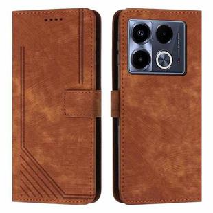 For Infinix Note 40 4G Skin Feel Stripe Pattern Leather Phone Case with Lanyard(Brown)