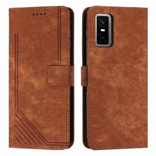 For Infinix GT 30 Pro Skin Feel Stripe Pattern Leather Phone Case with Lanyard(Brown)