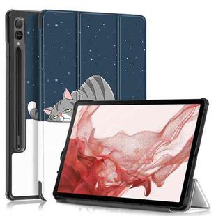 For Samsung Galaxy Tab S9+ Custer Painted 3-Fold Holder Smart Leather Tablet Case(Lazy Cat)
