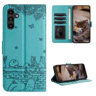 For Samsung Galaxy A14 Cat Embossing Pattern Leather Phone Case with Lanyard(Blue)