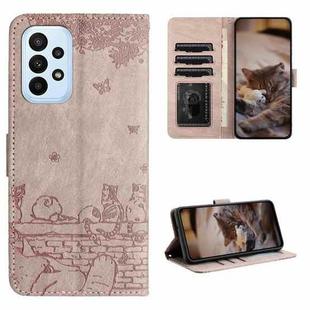 For Samsung Galaxy A52 Cat Embossing Pattern Leather Phone Case with Lanyard(Grey)