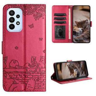 For Samsung Galaxy A53 Cat Embossing Pattern Leather Phone Case with Lanyard(Red)