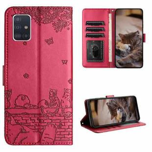 For Samsung Galaxy A71 Cat Embossing Pattern Leather Phone Case with Lanyard(Red)