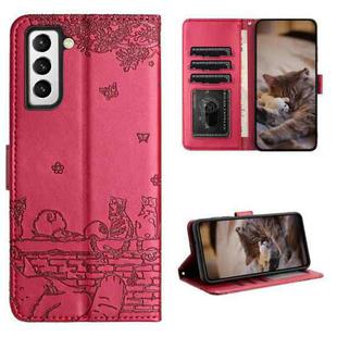 For Samsung Galaxy S21 Cat Embossing Pattern Leather Phone Case with Lanyard(Red)