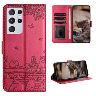 For Samsung Galaxy S21 Ultra Cat Embossing Pattern Leather Phone Case with Lanyard(Red)