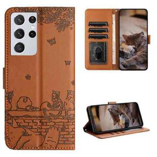 For Samsung Galaxy S21 Ultra Cat Embossing Pattern Leather Phone Case with Lanyard(Brown)