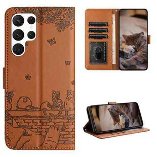 For Samsung Galaxy S22 Ultra Cat Embossing Pattern Leather Phone Case with Lanyard(Brown)