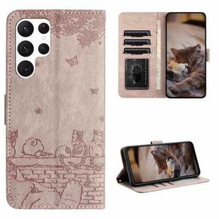 For Samsung Galaxy S22 Ultra Cat Embossing Pattern Leather Phone Case with Lanyard(Grey)