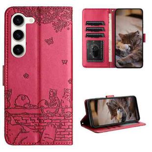 For Samsung Galaxy S23 Cat Embossing Pattern Leather Phone Case with Lanyard(Red)