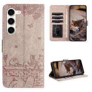 For Samsung Galaxy S23 Cat Embossing Pattern Leather Phone Case with Lanyard(Grey)