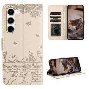 For Samsung Galaxy S23 Cat Embossing Pattern Leather Phone Case with Lanyard(Beige)