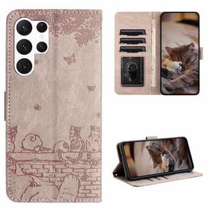 For Samsung Galaxy S23 Ultra Cat Embossing Pattern Leather Phone Case with Lanyard(Grey)