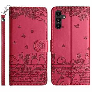 For Samsung Galaxy A05s Cat Embossing Pattern Leather Phone Case with Lanyard(Red)